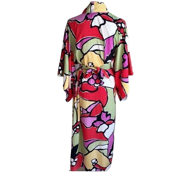 Natori- Vintage 90s Kimono Robe Duster Wrap Dress Pop Art, Size Medium - Picture 9 of 11